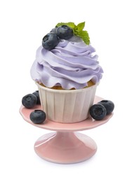 Photo of Tasty cupcake with blueberries and mint isolated on white