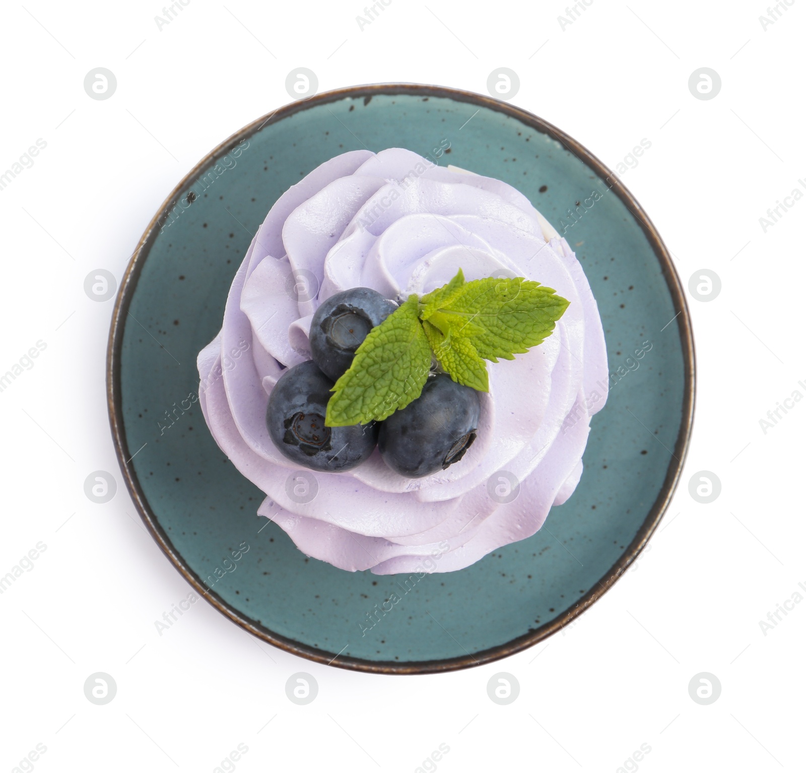 Photo of Tasty cupcake with blueberries and mint isolated on white, top view