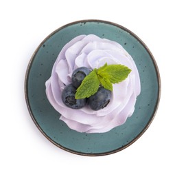 Photo of Tasty cupcake with blueberries and mint isolated on white, top view