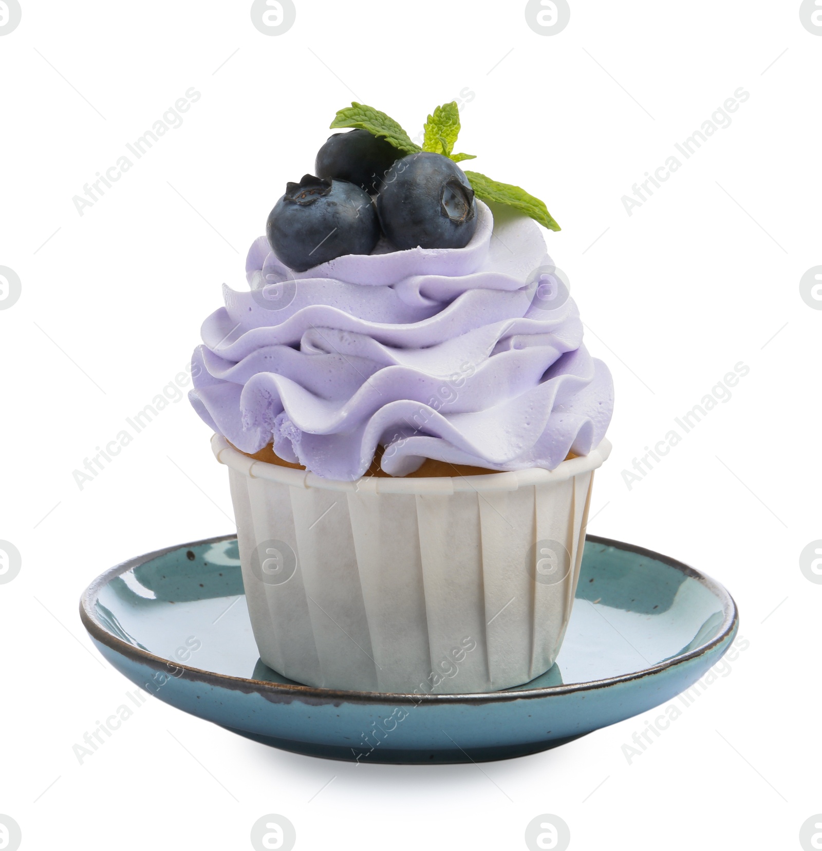 Photo of Tasty cupcake with blueberries and mint isolated on white