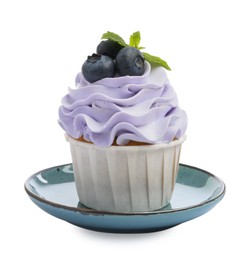 Photo of Tasty cupcake with blueberries and mint isolated on white