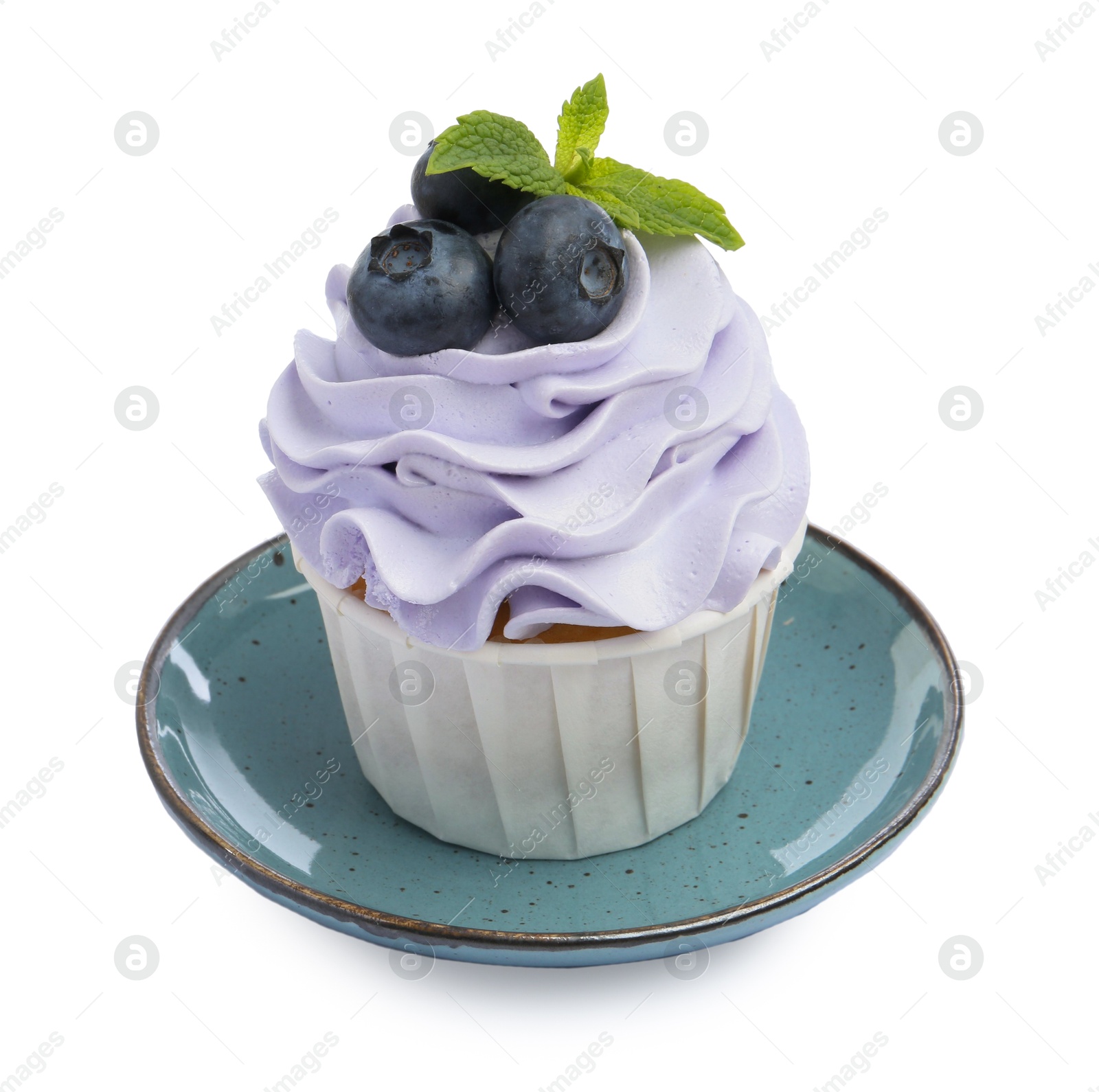 Photo of Tasty cupcake with blueberries and mint isolated on white