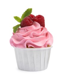 Photo of Tasty cupcake with raspberries and mint isolated on white