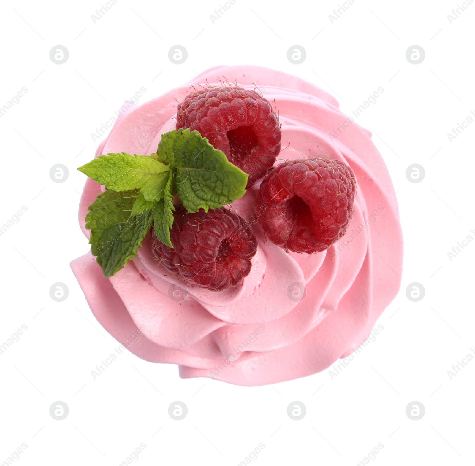 Photo of Tasty cupcake with raspberries and mint isolated on white, top view