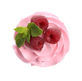 Photo of Tasty cupcake with raspberries and mint isolated on white, top view