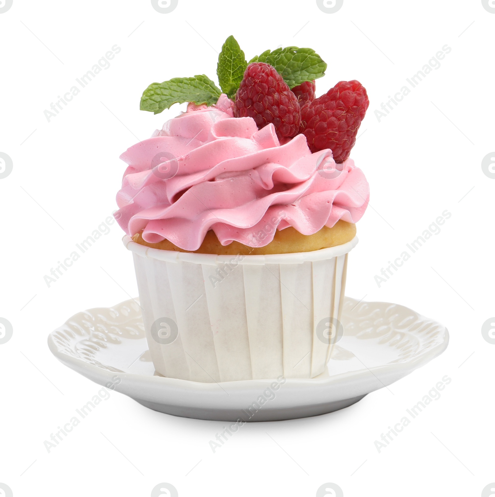 Photo of Tasty cupcake with raspberries and mint isolated on white