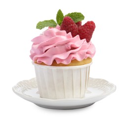 Photo of Tasty cupcake with raspberries and mint isolated on white