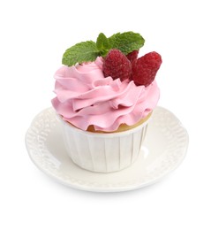 Photo of Tasty cupcake with raspberries and mint isolated on white