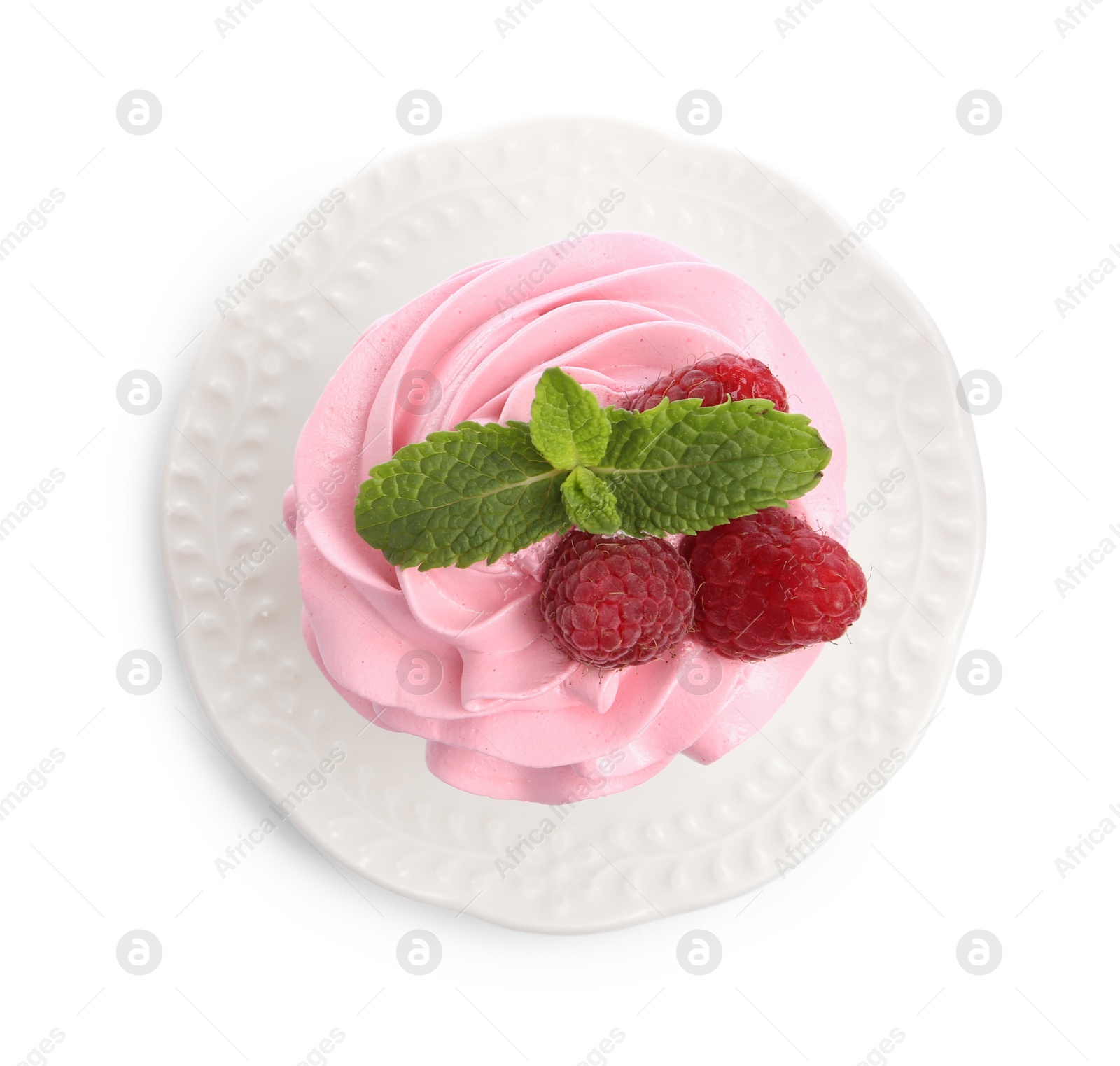 Photo of Tasty cupcake with raspberries and mint isolated on white, top view