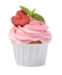 Photo of Tasty cupcake with strawberry and mint isolated on white