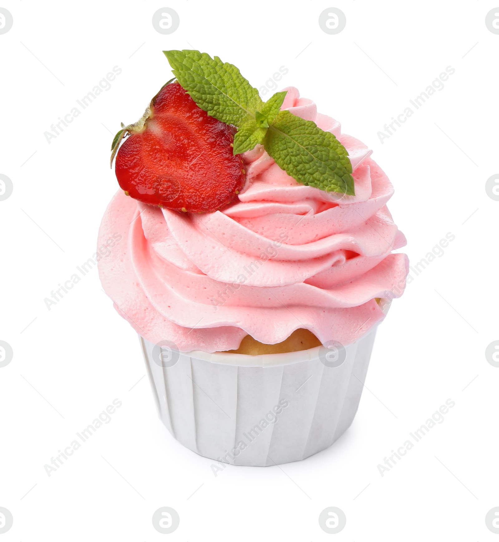 Photo of Tasty cupcake with strawberry and mint isolated on white