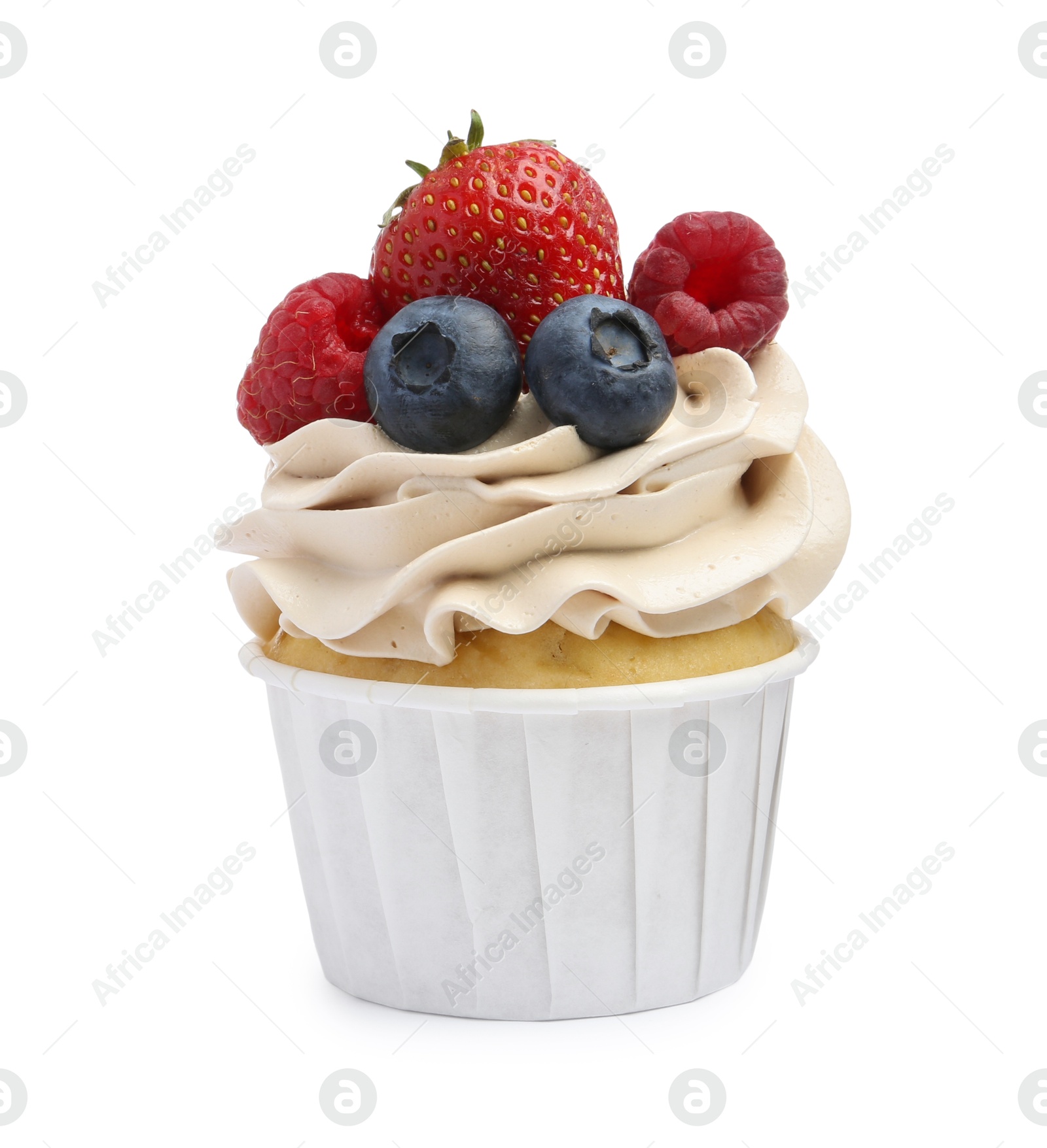 Photo of Tasty cupcake with different berries isolated on white