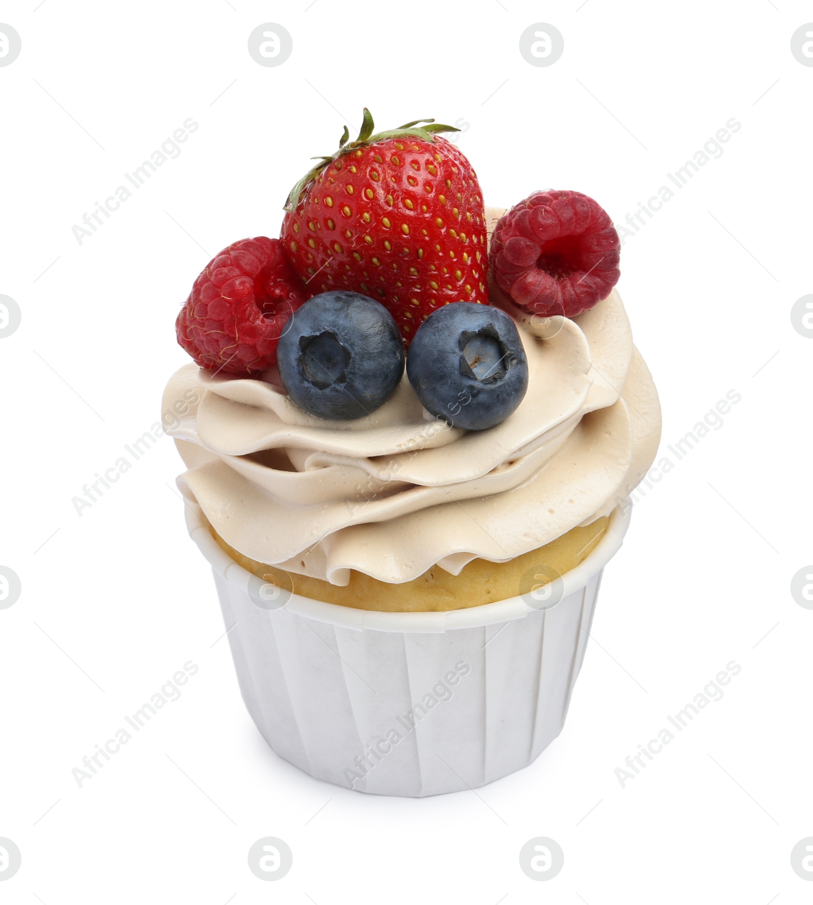 Photo of Tasty cupcake with different berries isolated on white