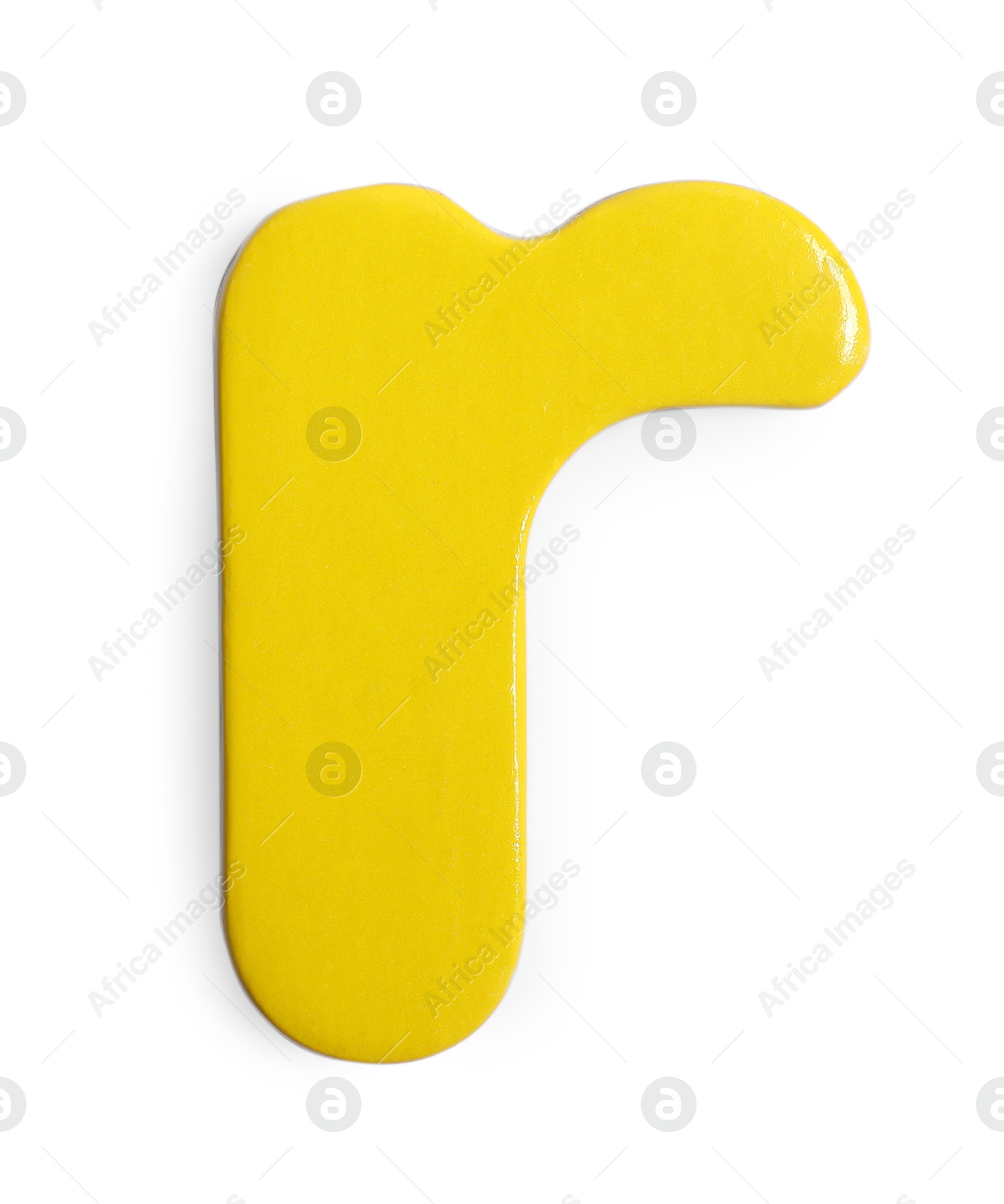 Photo of Yellow magnetic letter R isolated on white, top view. Alphabet