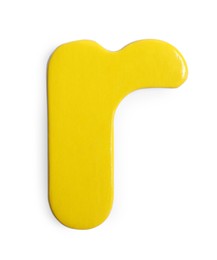 Photo of Yellow magnetic letter R isolated on white, top view. Alphabet