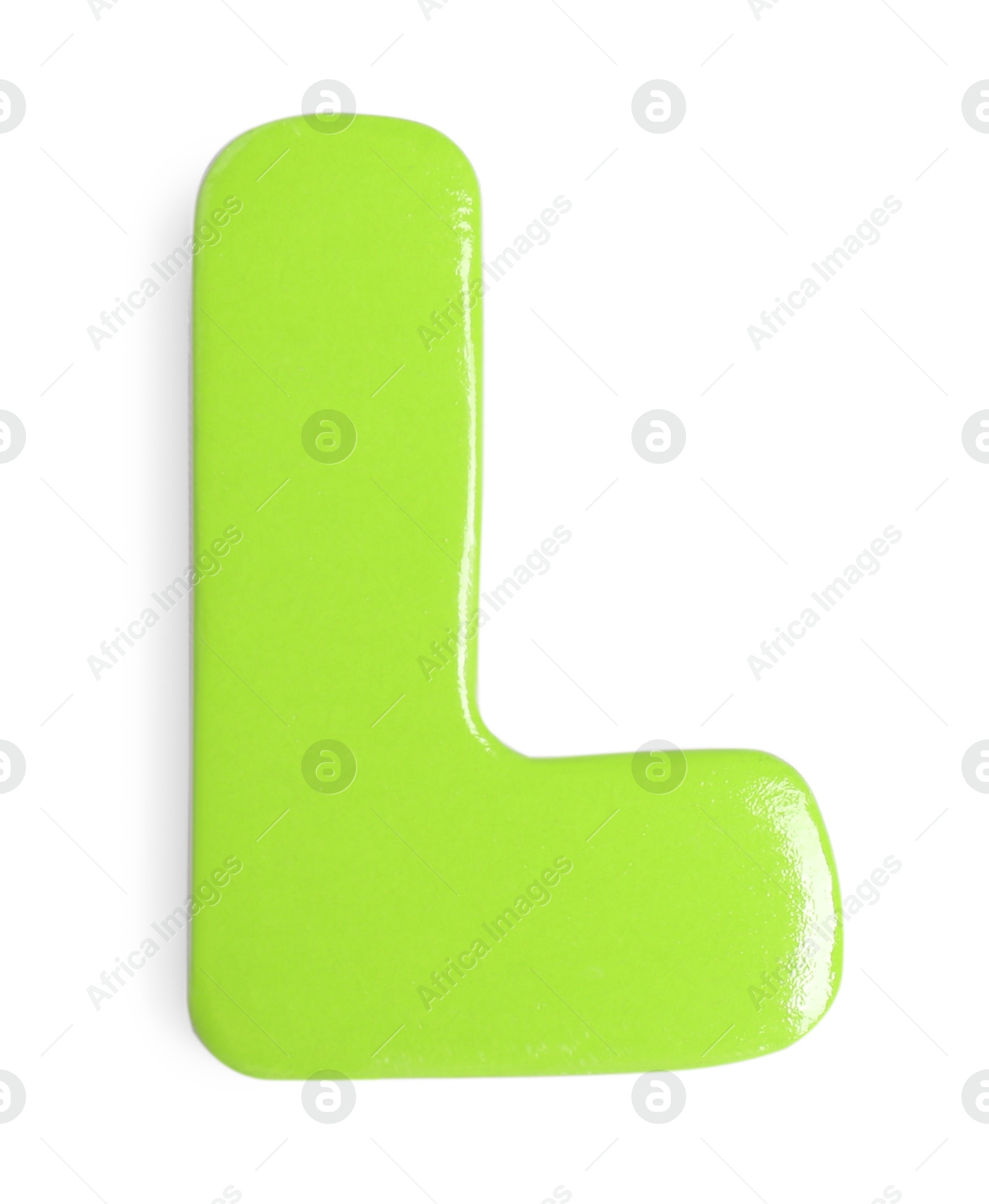 Photo of Green magnetic letter L isolated on white, top view. Alphabet