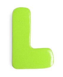 Photo of Green magnetic letter L isolated on white, top view. Alphabet