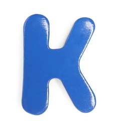 Photo of Blue magnetic letter K isolated on white, top view. Alphabet