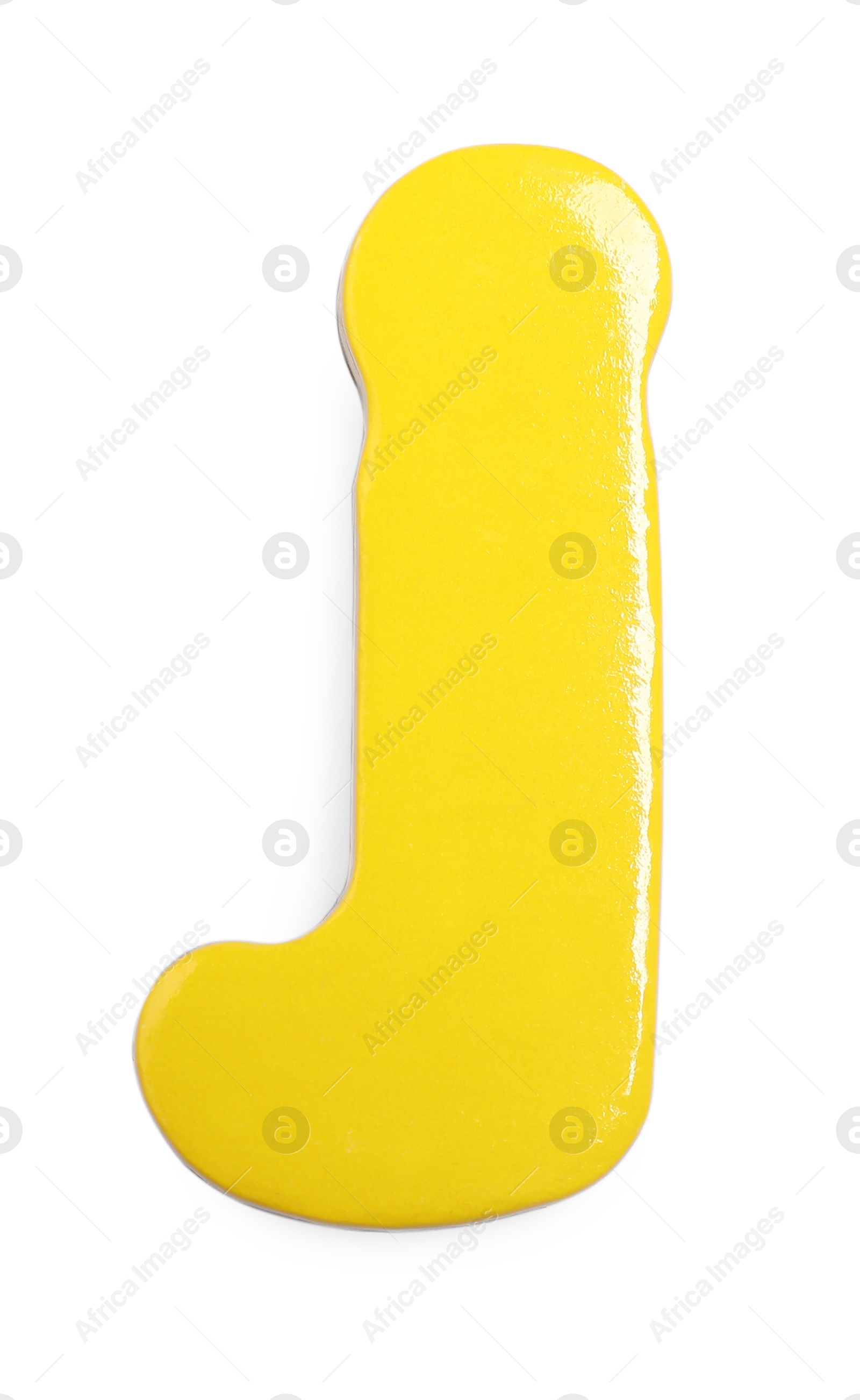 Photo of Yellow magnetic letter J isolated on white, top view. Alphabet