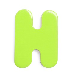 Photo of Green magnetic letter H isolated on white, top view. Alphabet