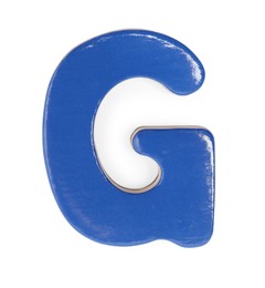 Photo of Blue magnetic letter G isolated on white, top view. Alphabet