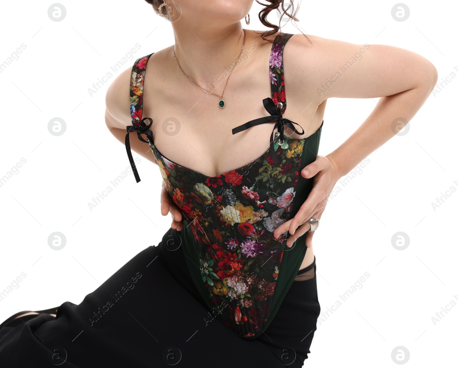 Photo of Woman in stylish corset on white background, closeup