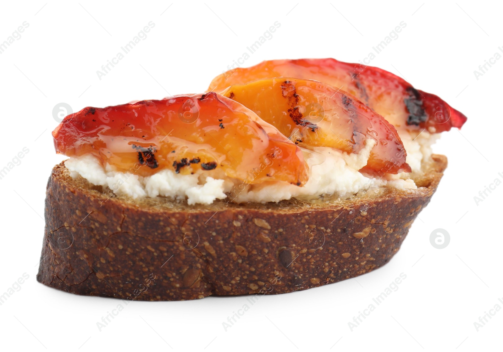 Photo of Delicious bruschetta with ricotta cheese and peach isolated on white