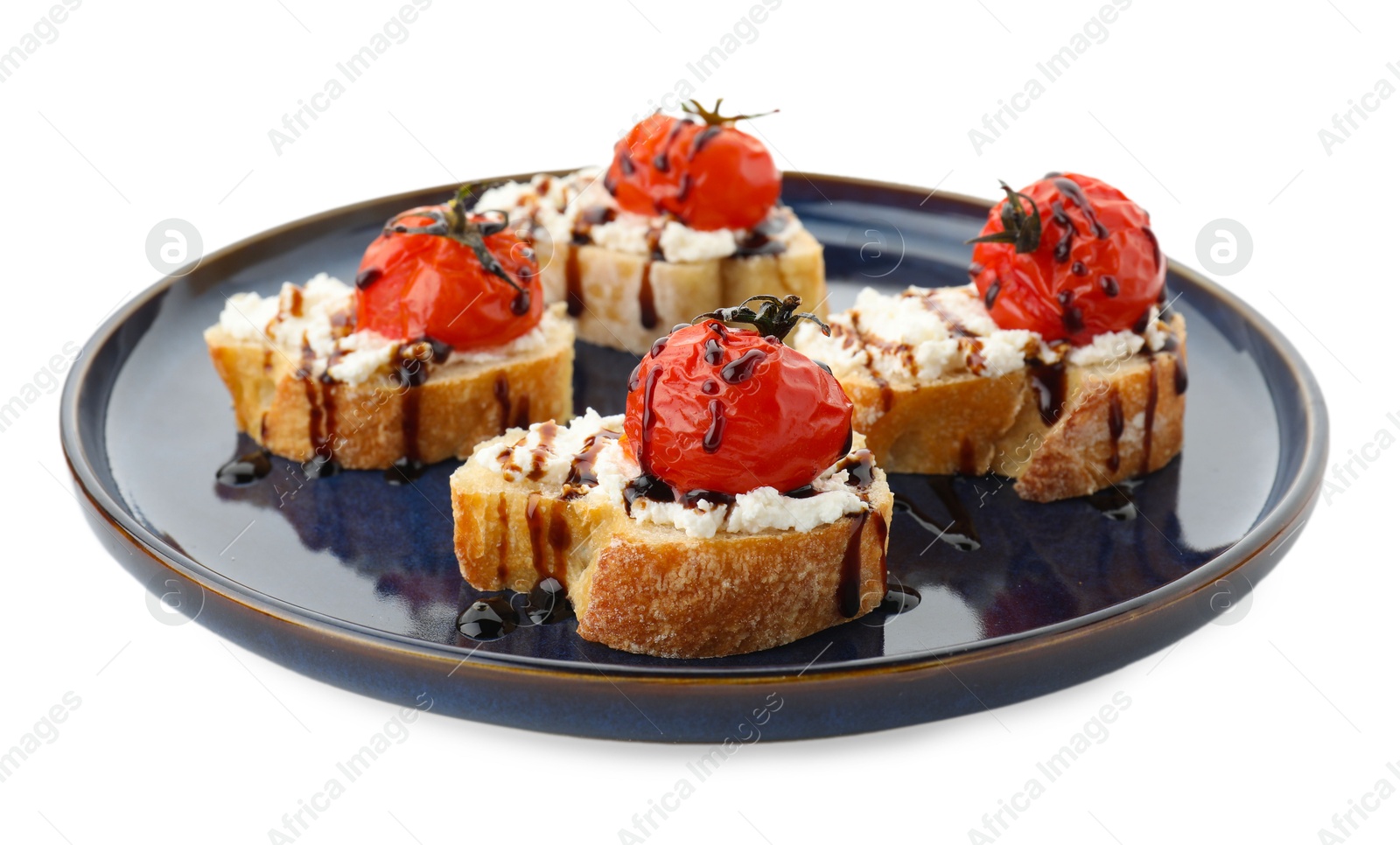 Photo of Delicious bruschettas with ricotta cheese, tomatoes and balsamic sauce isolated on white