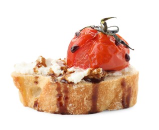 Photo of Delicious bruschetta with ricotta cheese, tomato and balsamic sauce isolated on white