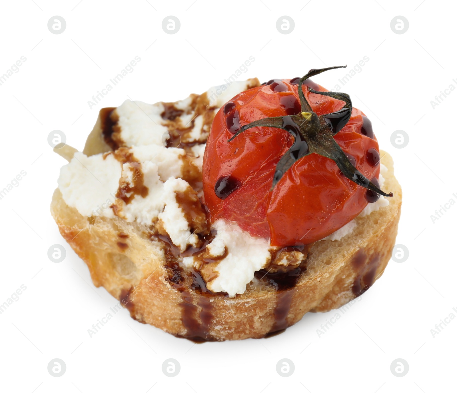 Photo of Delicious bruschetta with ricotta cheese, tomato and balsamic sauce isolated on white