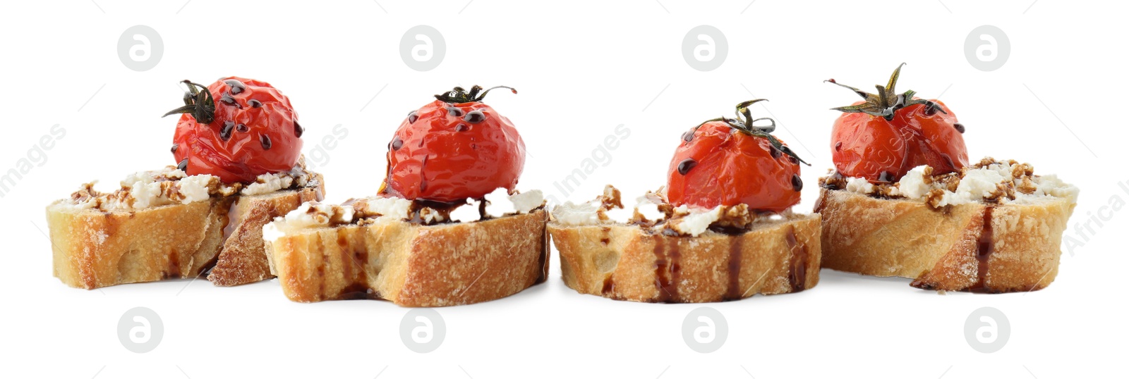 Photo of Delicious bruschettas with ricotta cheese, tomatoes and balsamic sauce isolated on white