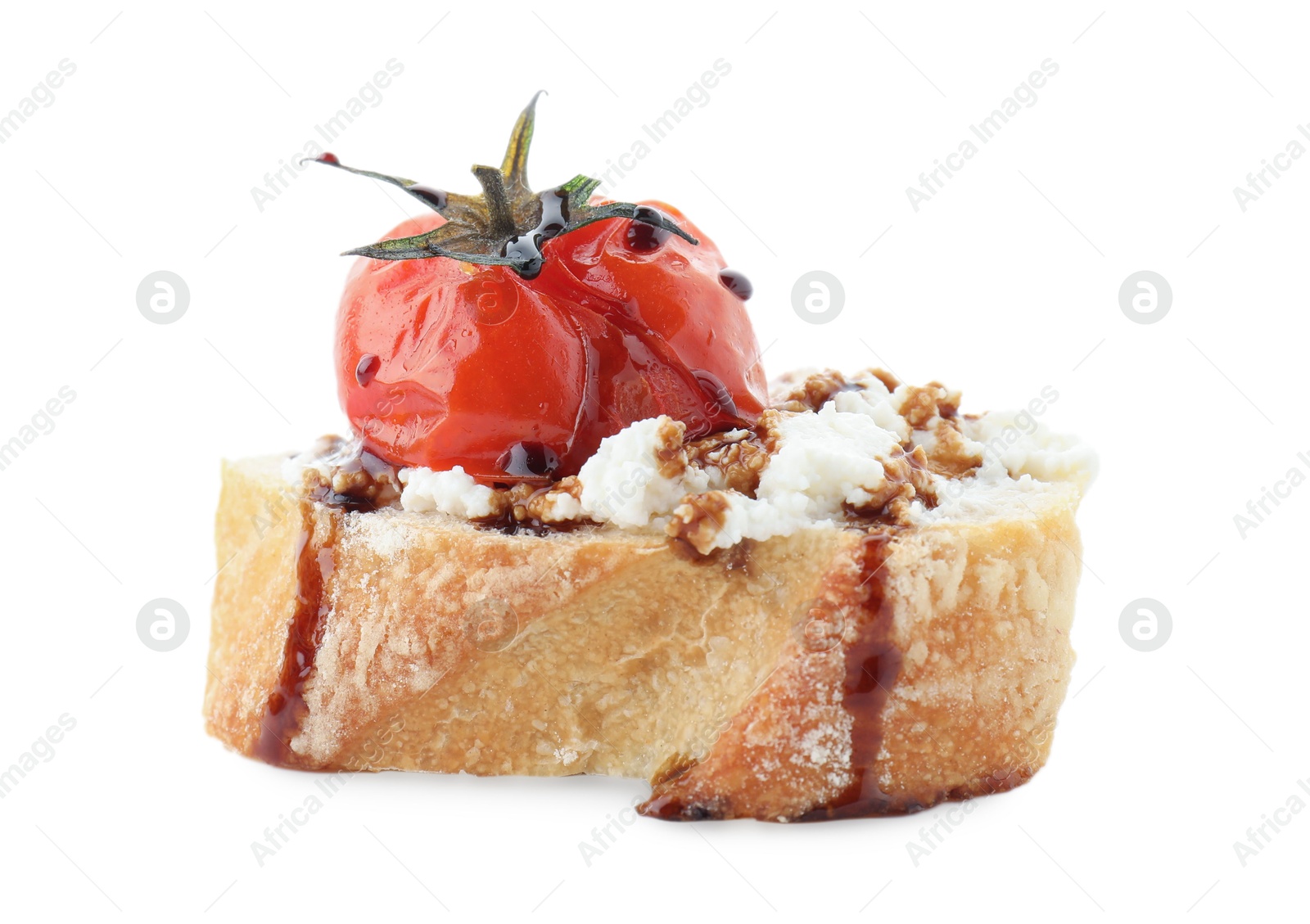 Photo of Delicious bruschetta with ricotta cheese, tomato and balsamic sauce isolated on white