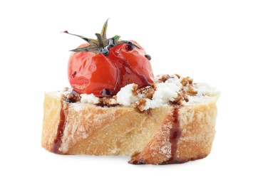Photo of Delicious bruschetta with ricotta cheese, tomato and balsamic sauce isolated on white