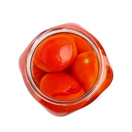 Tasty pickled tomatoes in jar isolated on white, top view