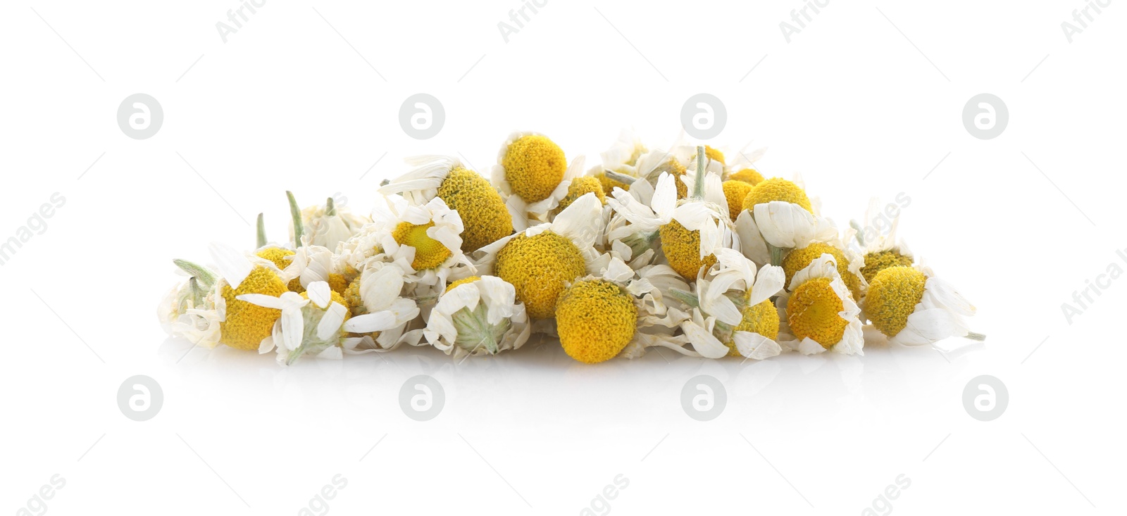 Photo of Pile of chamomile flowers isolated on white