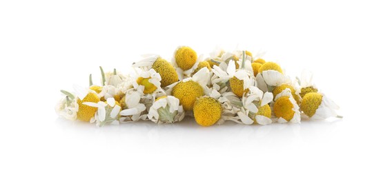 Photo of Pile of chamomile flowers isolated on white