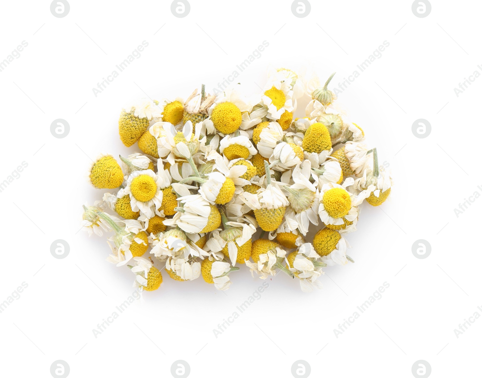 Photo of Pile of chamomile flowers isolated on white, top view