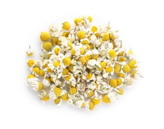 Photo of Pile of dry and fresh chamomile flowers isolated on white, top view