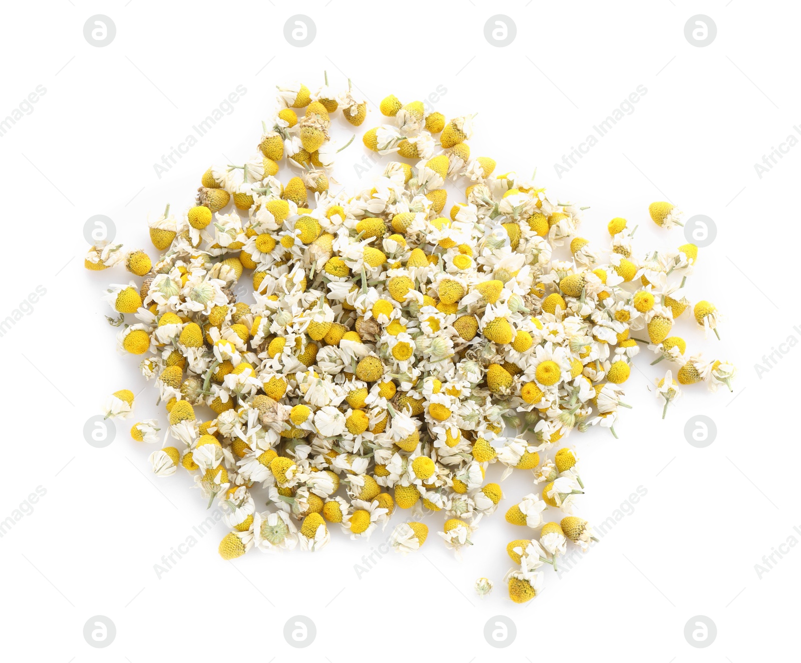 Photo of Pile of chamomile flowers isolated on white, top view