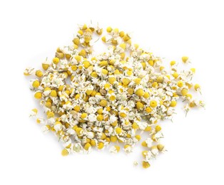 Photo of Pile of chamomile flowers isolated on white, top view