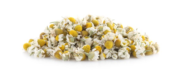 Photo of Pile of chamomile flowers isolated on white