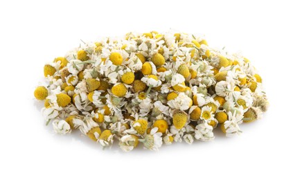 Photo of Pile of chamomile flowers isolated on white