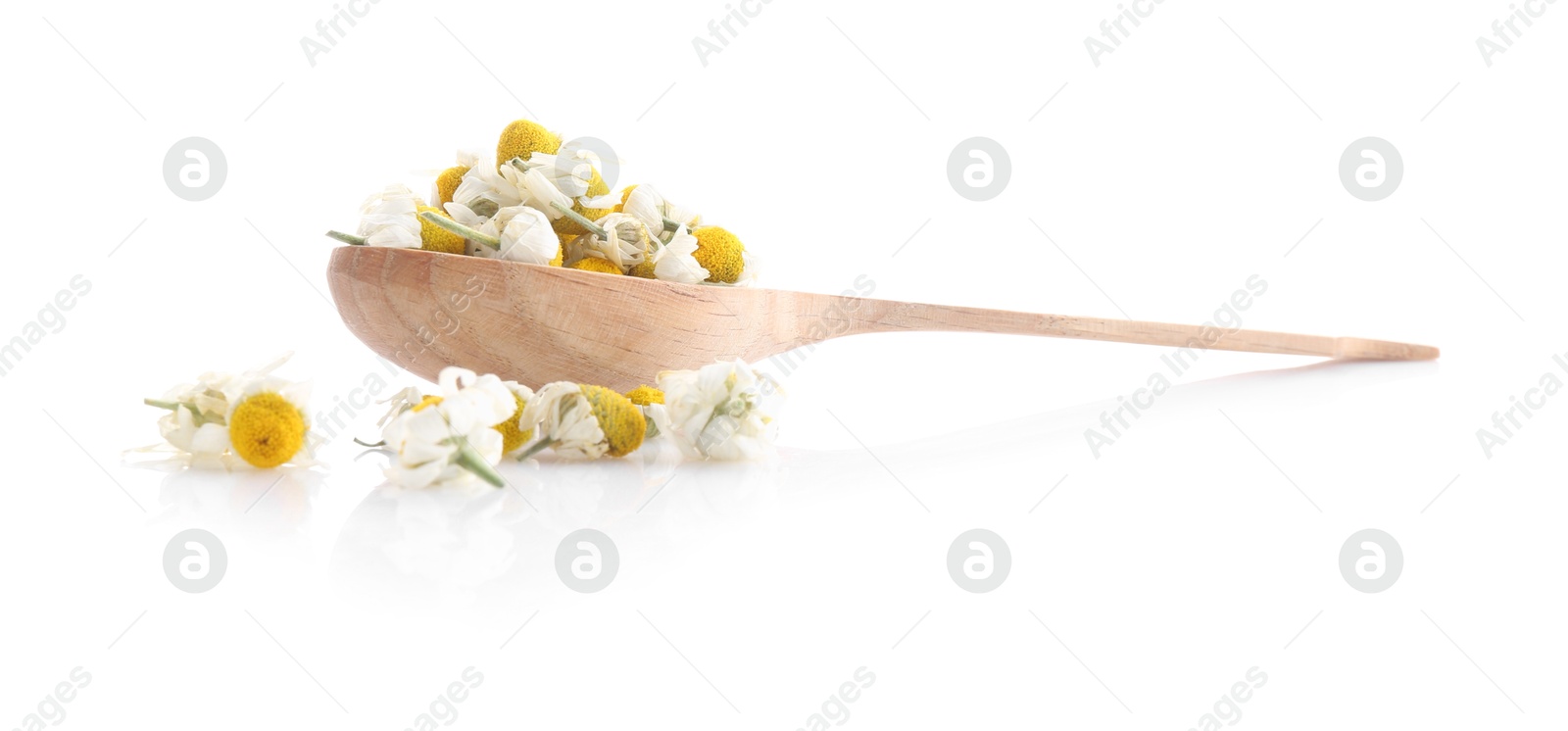 Photo of Chamomile flowers in wooden spoon isolated on white