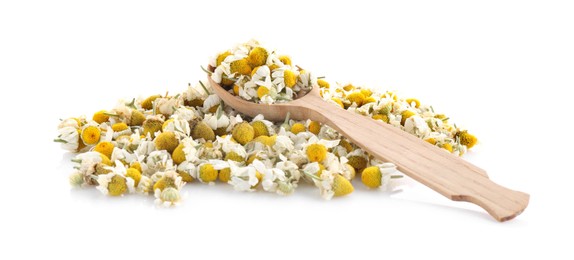 Photo of Pile of chamomile flowers and wooden spoon isolated on white