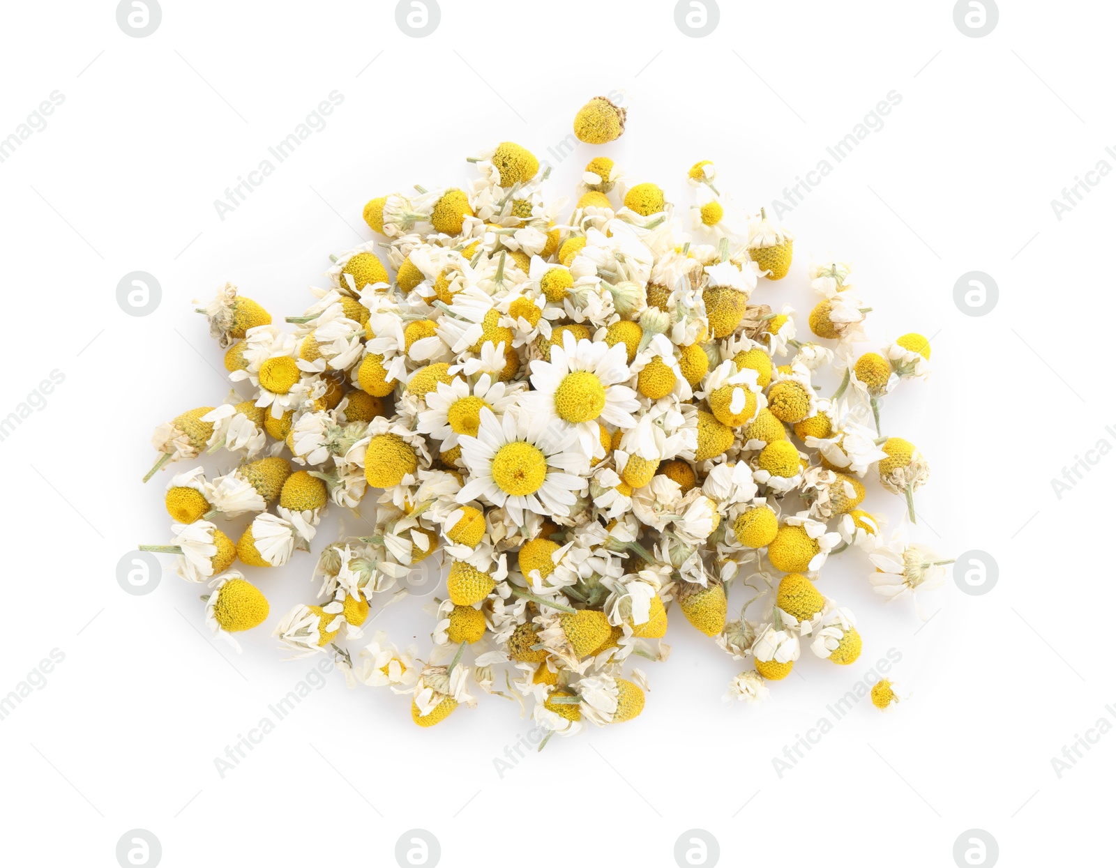 Photo of Pile of dry and fresh chamomile flowers isolated on white, top view