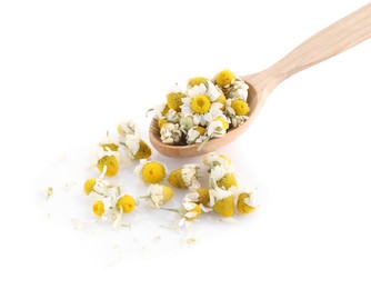 Photo of Fresh and dry chamomile flowers in wooden spoon isolated on white