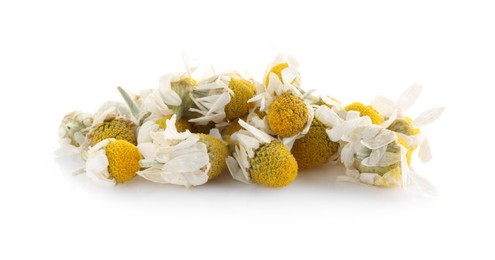 Photo of Pile of chamomile flowers isolated on white