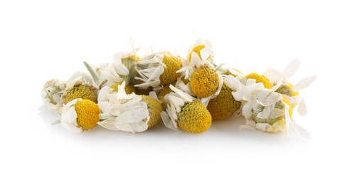 Pile of chamomile flowers isolated on white