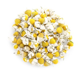 Photo of Pile of chamomile flowers isolated on white, top view