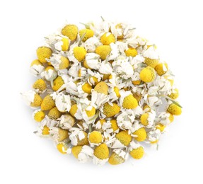 Pile of chamomile flowers isolated on white, top view